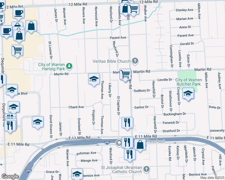 map of restaurants, bars, coffee shops, grocery stores, and more near 27652 Liberty Drive in Warren
