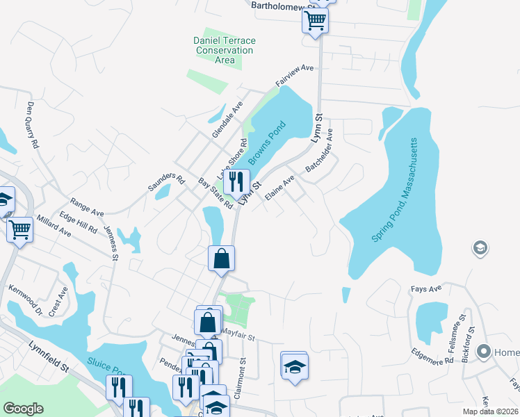 map of restaurants, bars, coffee shops, grocery stores, and more near 28 Elaine Avenue in Peabody