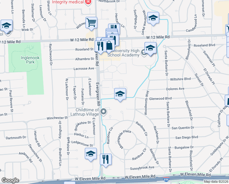 map of restaurants, bars, coffee shops, grocery stores, and more near 19750 South Villa Drive in Southfield