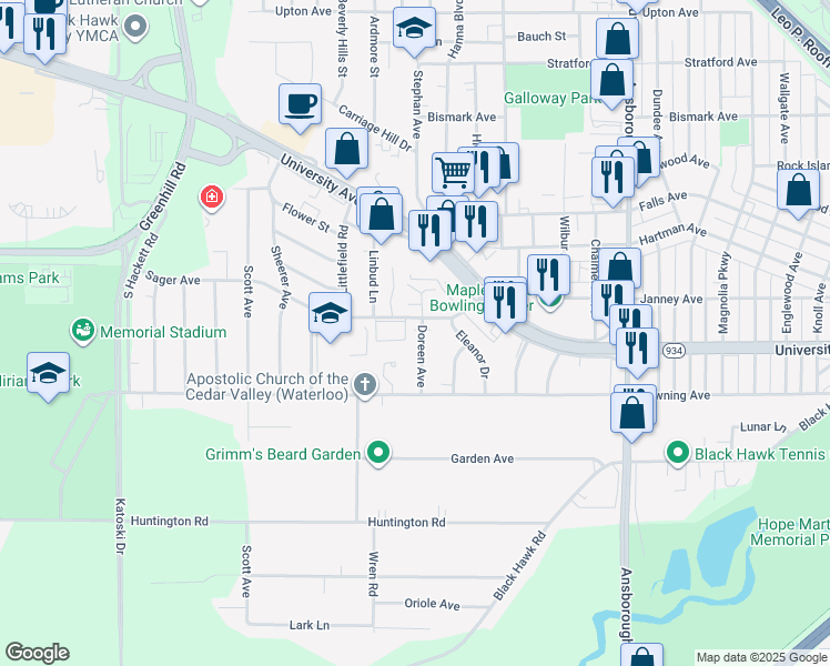 map of restaurants, bars, coffee shops, grocery stores, and more near 1212 Doreen Avenue in Waterloo