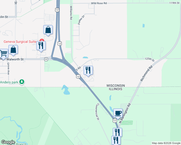 map of restaurants, bars, coffee shops, grocery stores, and more near 229 South Road in Genoa City