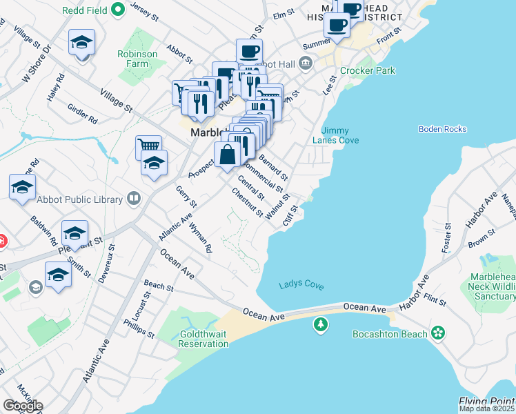 map of restaurants, bars, coffee shops, grocery stores, and more near 34 Chestnut Street in Marblehead