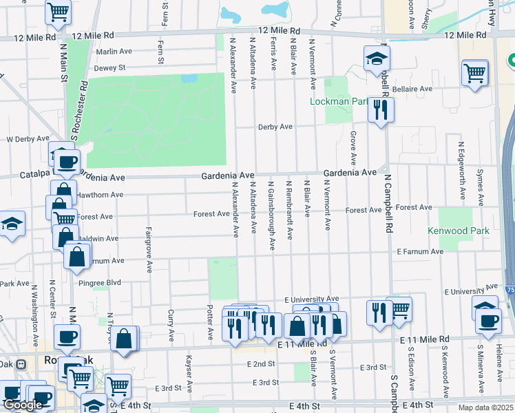 map of restaurants, bars, coffee shops, grocery stores, and more near 806 North Altadena Avenue in Royal Oak