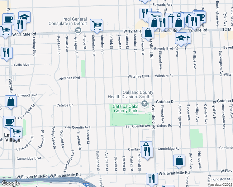 map of restaurants, bars, coffee shops, grocery stores, and more near 28050 Selkirk Street in Southfield