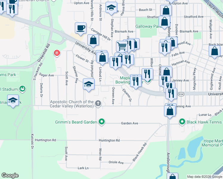 map of restaurants, bars, coffee shops, grocery stores, and more near 1212 Doreen Avenue in Waterloo