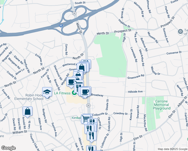 map of restaurants, bars, coffee shops, grocery stores, and more near 86 Main Street in Stoneham