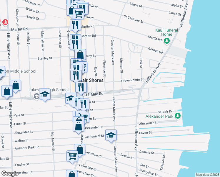 map of restaurants, bars, coffee shops, grocery stores, and more near 22003 East Eleven Mile Road in St. Clair Shores