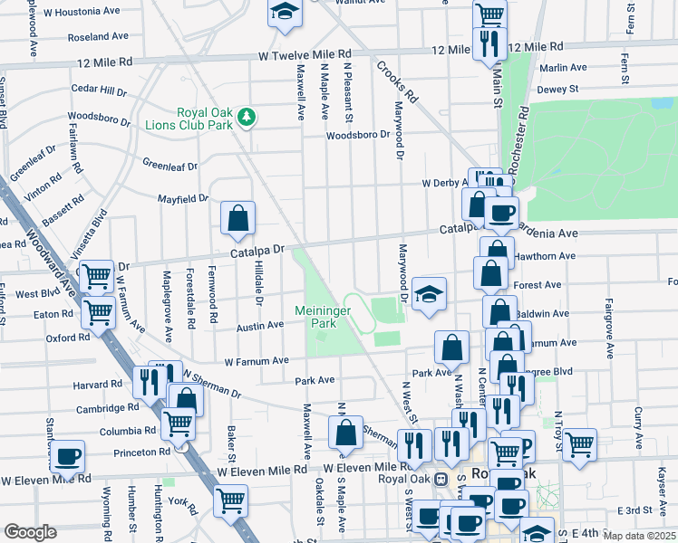 map of restaurants, bars, coffee shops, grocery stores, and more near 918 N Maple Ave in Royal Oak