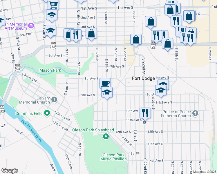 map of restaurants, bars, coffee shops, grocery stores, and more near 831 South 18th Street in Fort Dodge