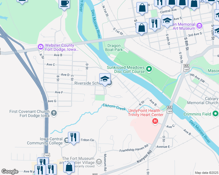 map of restaurants, bars, coffee shops, grocery stores, and more near 733 F Street in Fort Dodge