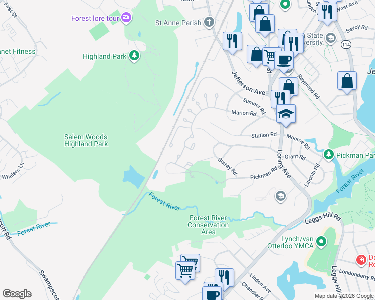 map of restaurants, bars, coffee shops, grocery stores, and more near 8 Russell Drive in Salem