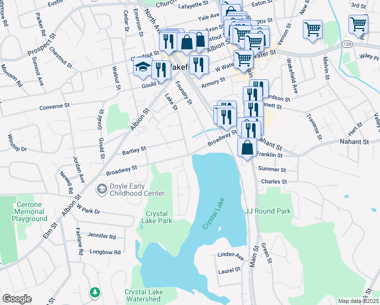 map of restaurants, bars, coffee shops, grocery stores, and more near 52 Lake Street in Wakefield