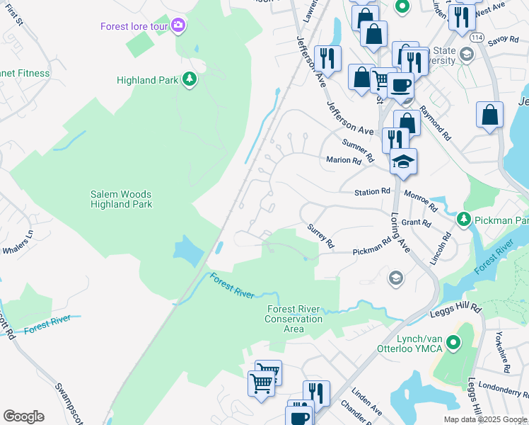 map of restaurants, bars, coffee shops, grocery stores, and more near 8 Russell Drive in Salem