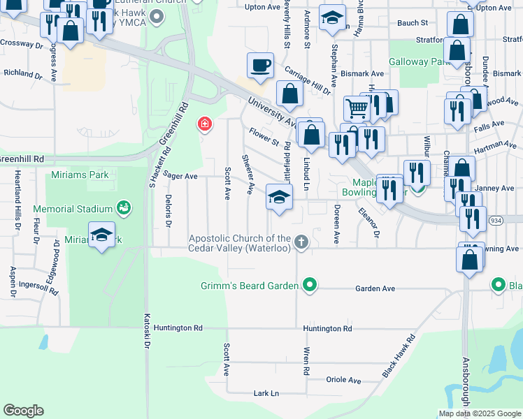 map of restaurants, bars, coffee shops, grocery stores, and more near 1224 Sheldon Street in Waterloo