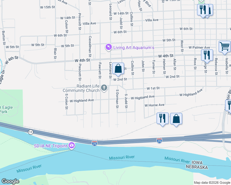 map of restaurants, bars, coffee shops, grocery stores, and more near 101-199 S Dorman St in Sioux City