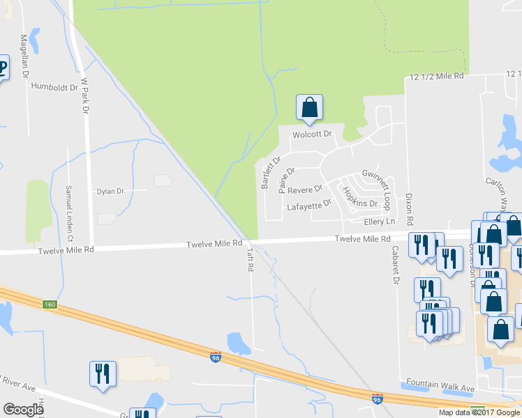 map of restaurants, bars, coffee shops, grocery stores, and more near 45131 Bartlett Drive in Novi
