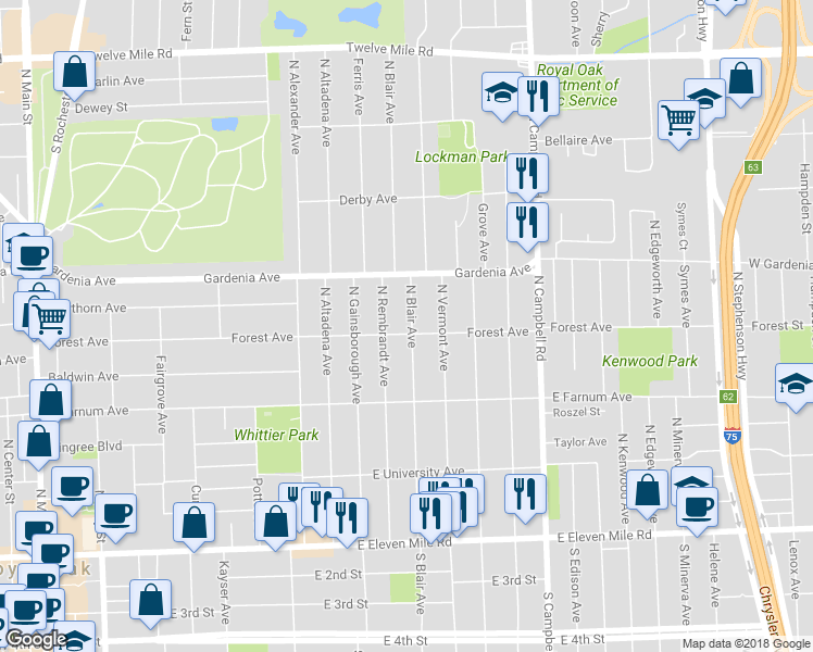 map of restaurants, bars, coffee shops, grocery stores, and more near 807 North Blair Avenue in Royal Oak