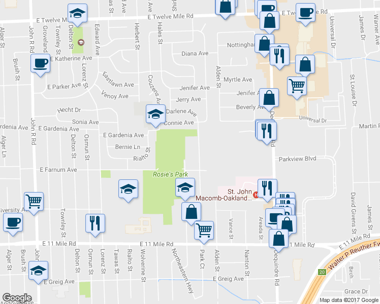 map of restaurants, bars, coffee shops, grocery stores, and more near 27779 Park Court in Madison Heights