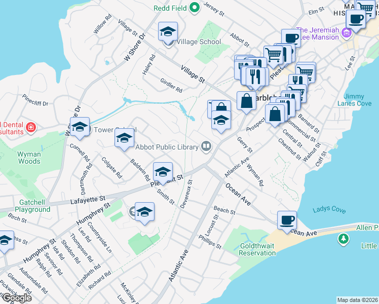 map of restaurants, bars, coffee shops, grocery stores, and more near 16 Devereux Terrace in Marblehead