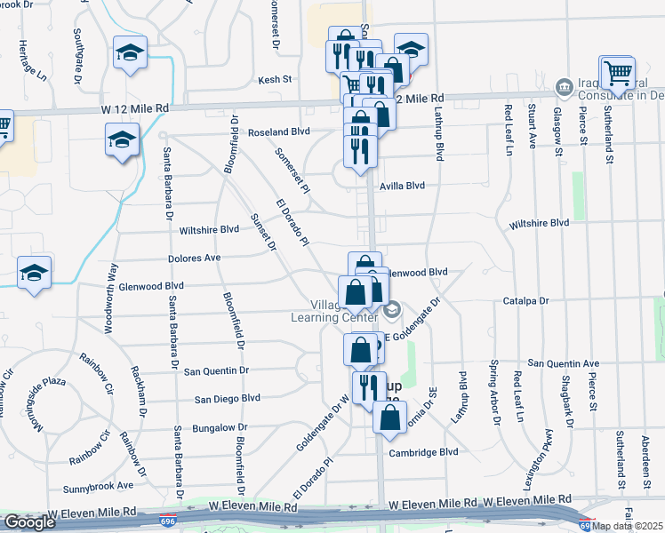 map of restaurants, bars, coffee shops, grocery stores, and more near 18230 Glenwood Boulevard in Lathrup Village
