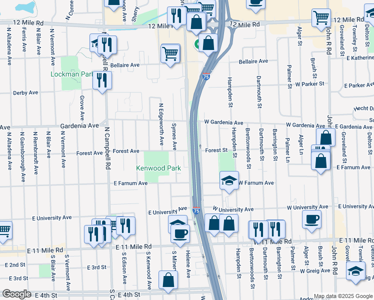 map of restaurants, bars, coffee shops, grocery stores, and more near 735 North Stephenson Highway in Royal Oak