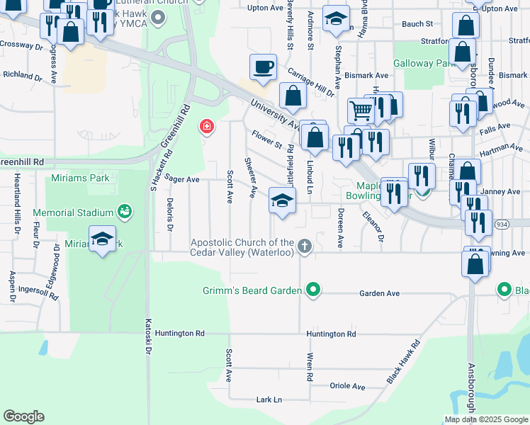 map of restaurants, bars, coffee shops, grocery stores, and more near 1224 Sheldon Street in Waterloo