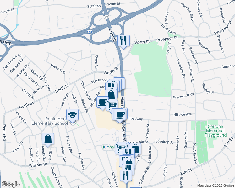 map of restaurants, bars, coffee shops, grocery stores, and more near 71 Main Street in Stoneham