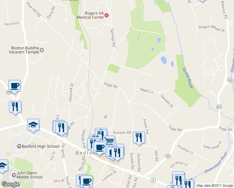 map of restaurants, bars, coffee shops, grocery stores, and more near 72 Dunster Road in Bedford