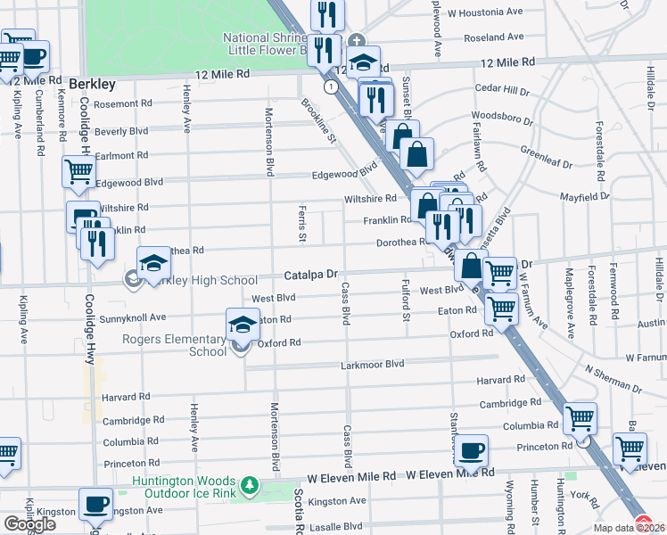 map of restaurants, bars, coffee shops, grocery stores, and more near 1542 Catalpa Drive in Berkley