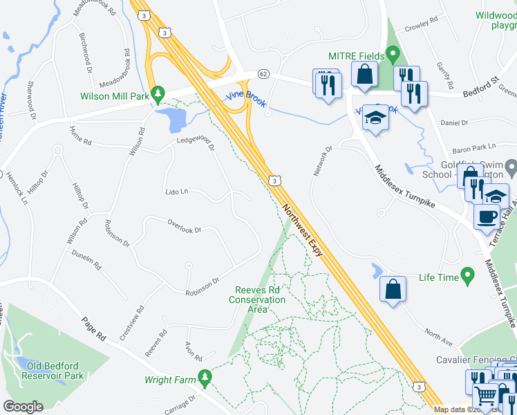map of restaurants, bars, coffee shops, grocery stores, and more near 35 Lido Lane in Bedford