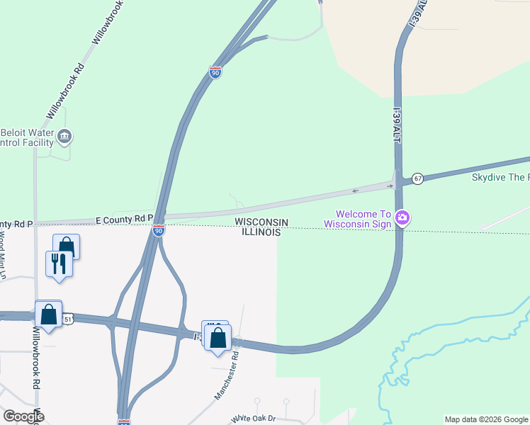 map of restaurants, bars, coffee shops, grocery stores, and more near 2556-3156 East County Road P in Beloit