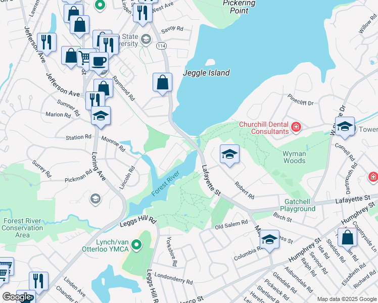 map of restaurants, bars, coffee shops, grocery stores, and more near 7 Riverway Road in Salem