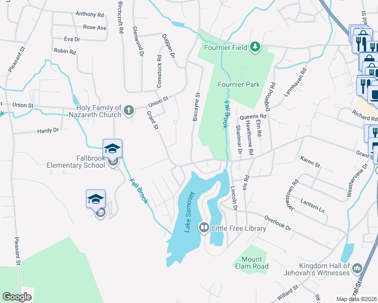 map of restaurants, bars, coffee shops, grocery stores, and more near 22 Biscayne Street in Leominster