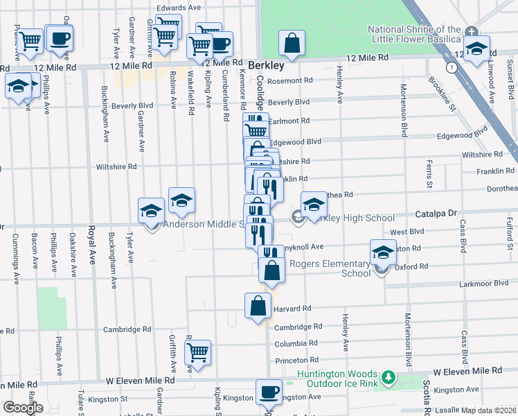map of restaurants, bars, coffee shops, grocery stores, and more near 2665 Coolidge Highway in Berkley