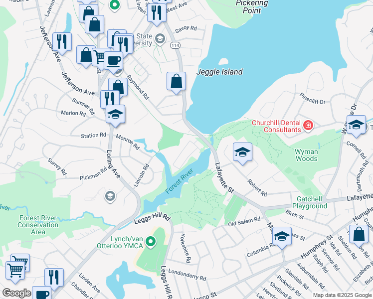 map of restaurants, bars, coffee shops, grocery stores, and more near 5 Sunset Road in Salem