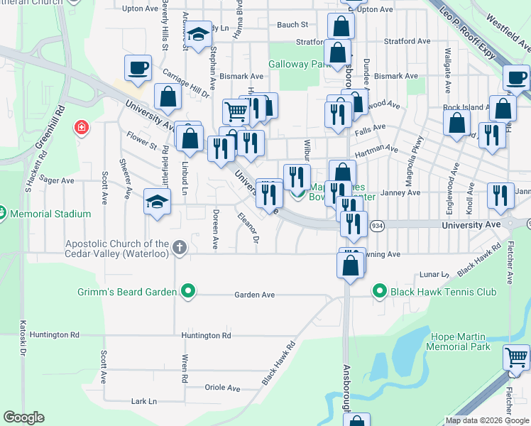 map of restaurants, bars, coffee shops, grocery stores, and more near 2733 University Avenue in Waterloo