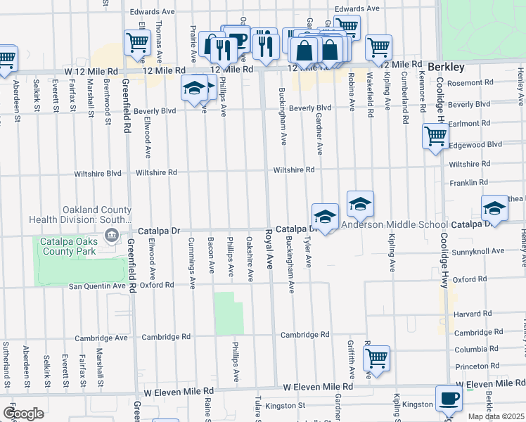 map of restaurants, bars, coffee shops, grocery stores, and more near 2677 Royal Avenue in Berkley