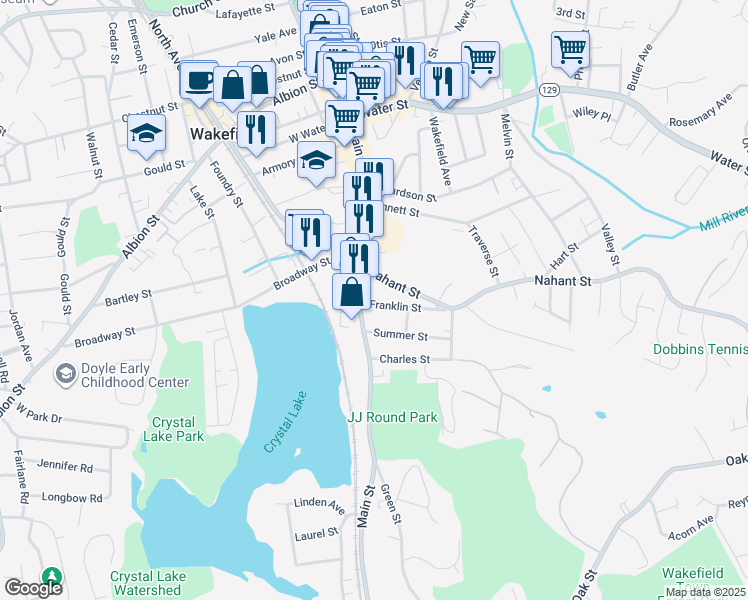 map of restaurants, bars, coffee shops, grocery stores, and more near 7 Franklin Street in Wakefield