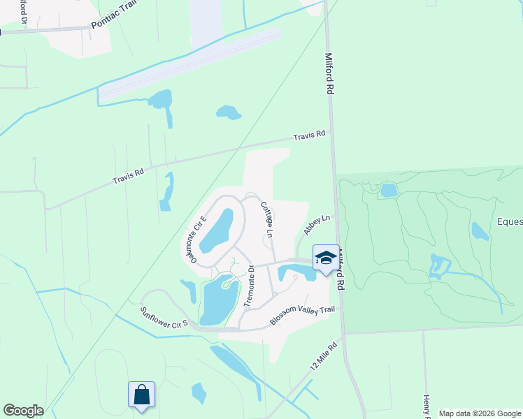 map of restaurants, bars, coffee shops, grocery stores, and more near 28503 Cottage Lane in Lyon Charter Township