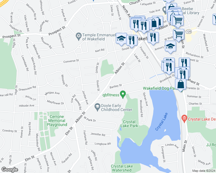 map of restaurants, bars, coffee shops, grocery stores, and more near 298 Albion Street in Wakefield