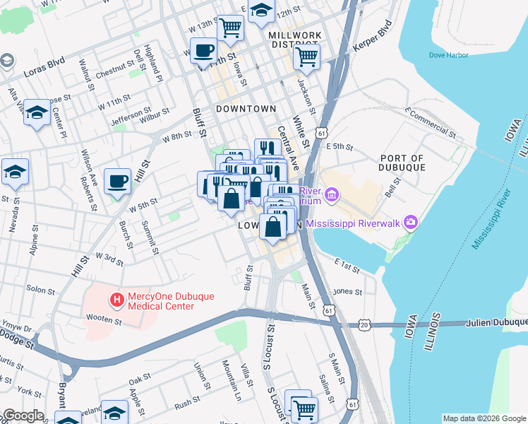 map of restaurants, bars, coffee shops, grocery stores, and more near 299 West 3rd Street in Dubuque