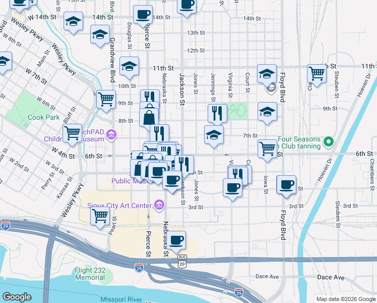 map of restaurants, bars, coffee shops, grocery stores, and more near 705 6th Street in Sioux City