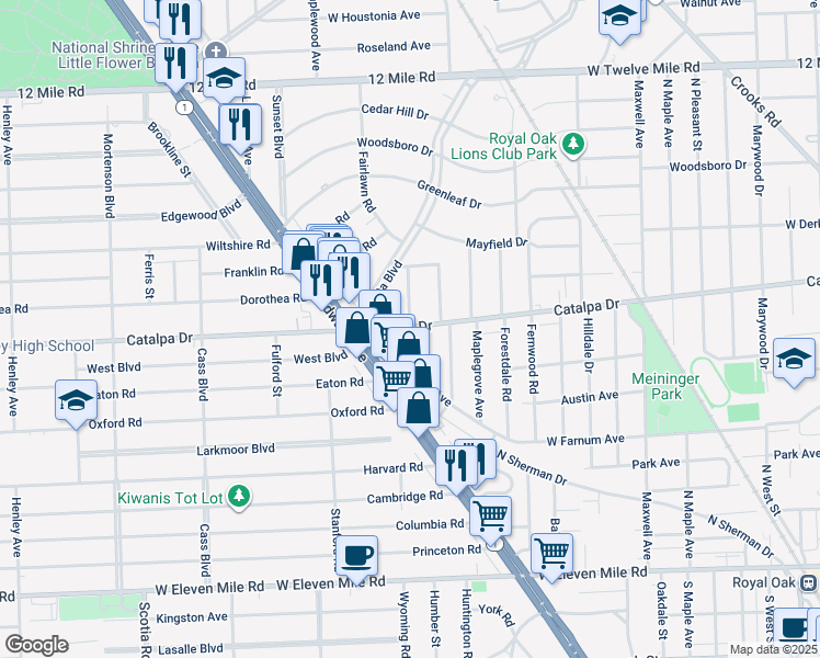 map of restaurants, bars, coffee shops, grocery stores, and more near 1837 West Farnum Avenue in Royal Oak
