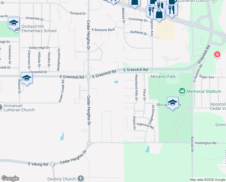 map of restaurants, bars, coffee shops, grocery stores, and more near 4054 Jill Drive in Waterloo