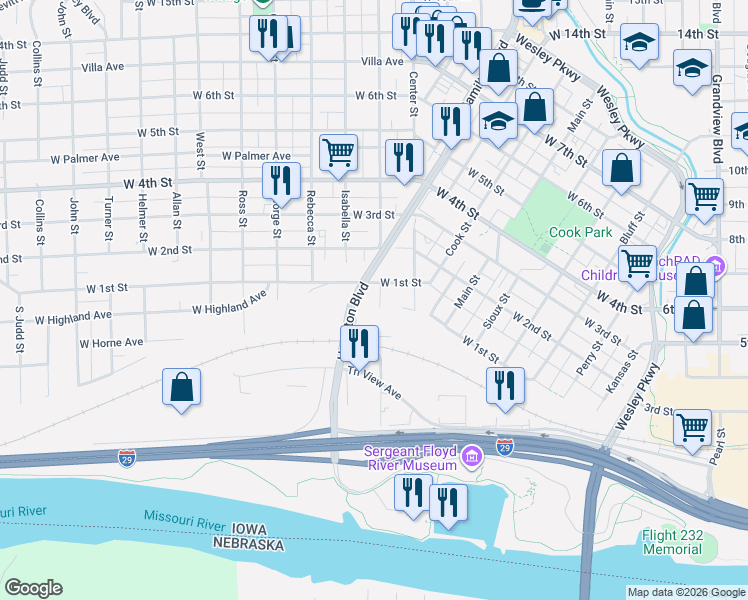map of restaurants, bars, coffee shops, grocery stores, and more near 117 Myrtle Street in Sioux City