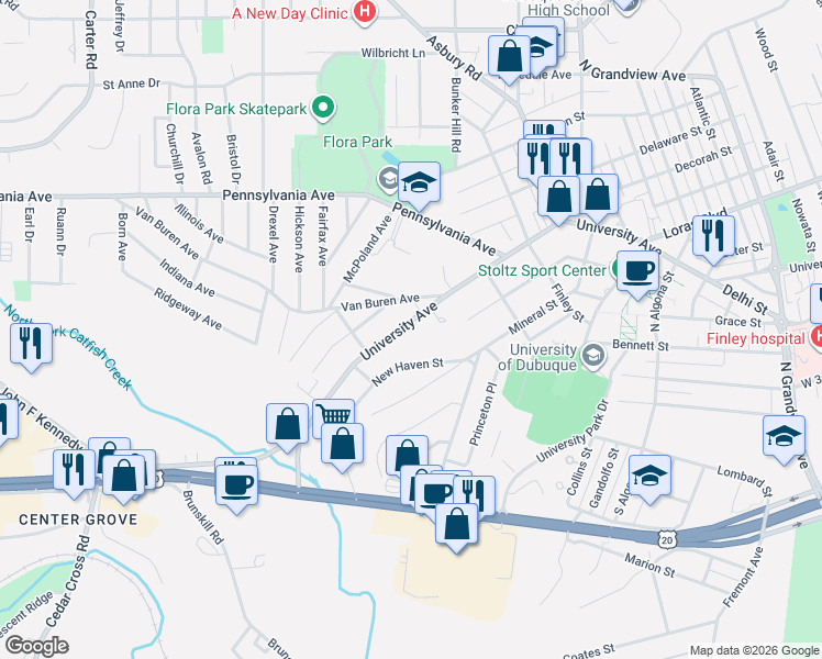 map of restaurants, bars, coffee shops, grocery stores, and more near 2638 University Avenue in Dubuque