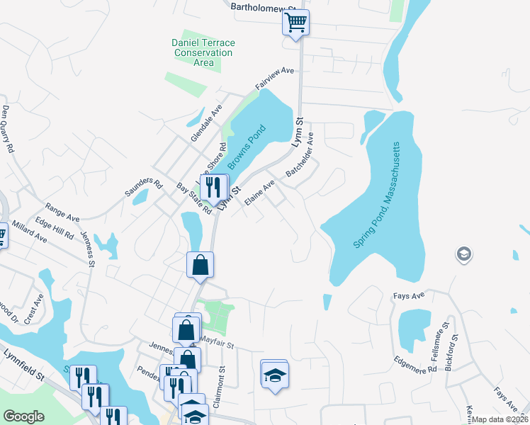 map of restaurants, bars, coffee shops, grocery stores, and more near 7 Fairview Road in Peabody