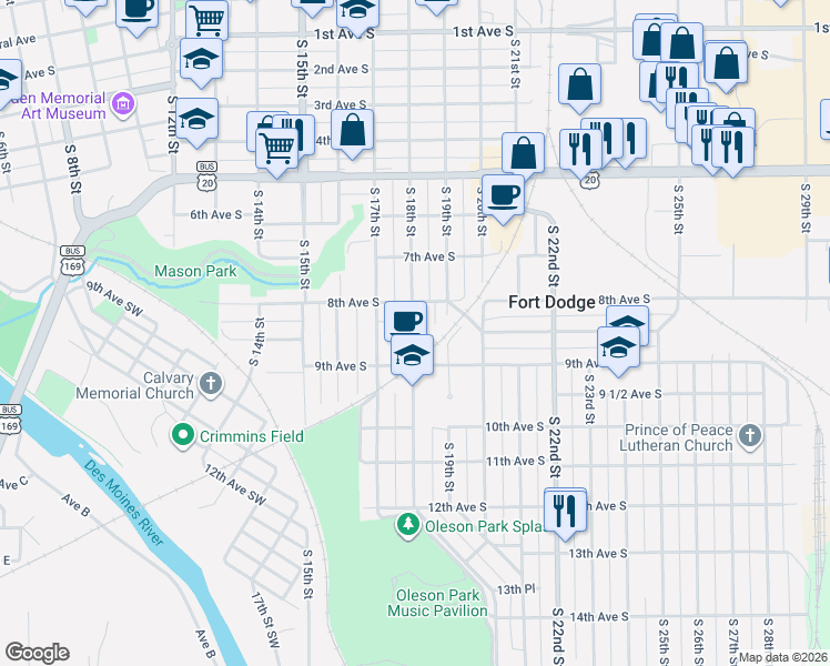 map of restaurants, bars, coffee shops, grocery stores, and more near 831 South 18th Street in Fort Dodge