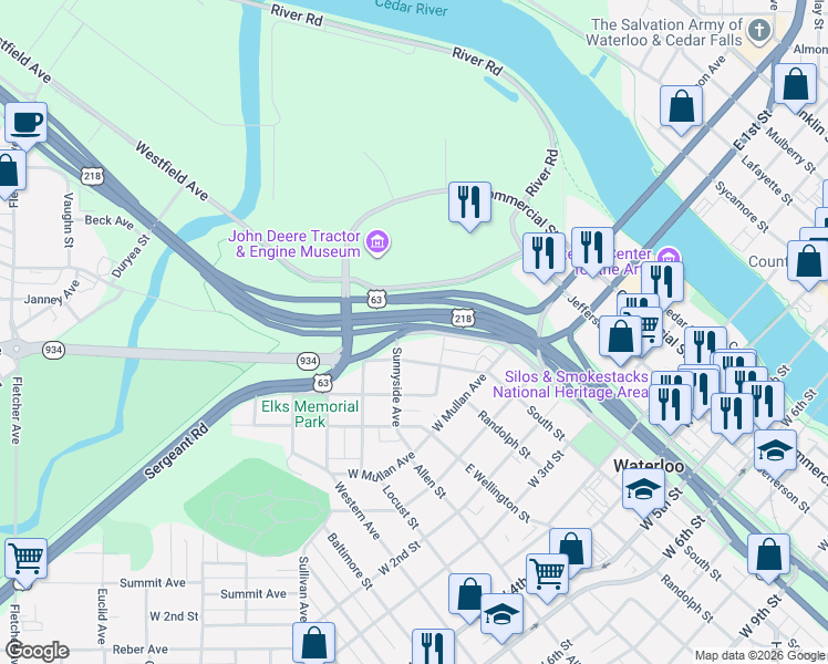 map of restaurants, bars, coffee shops, grocery stores, and more near 213 University Avenue in Waterloo