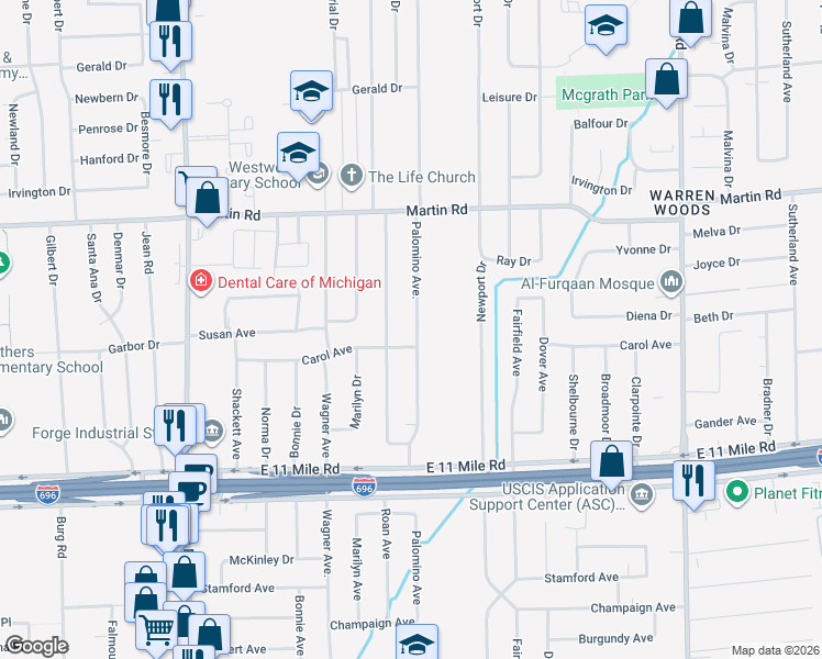 map of restaurants, bars, coffee shops, grocery stores, and more near 27543 Palomino Drive in Warren